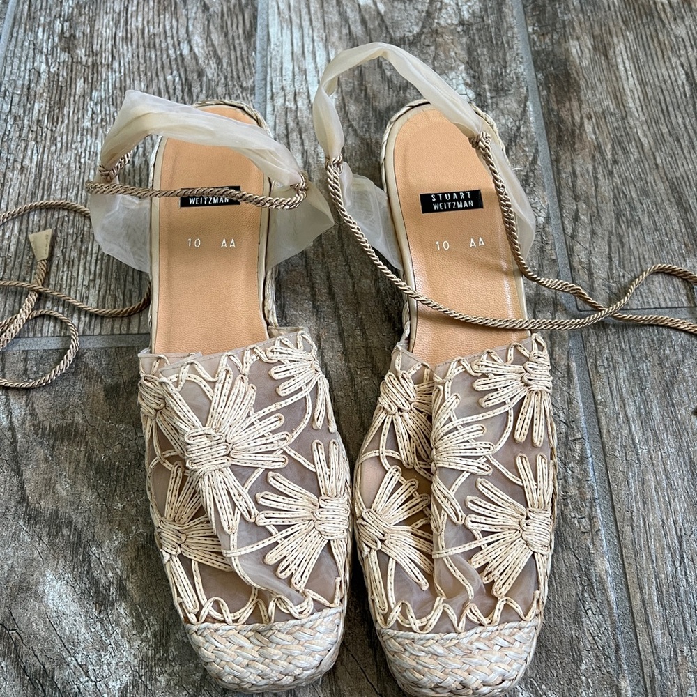 Stuart Weitzman Pansy Beige Raffia Espadrille Sandals, Women’s Size 10